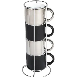 4 tasses en céramique noir et argent avec support metallique h30^Gifi Clearance