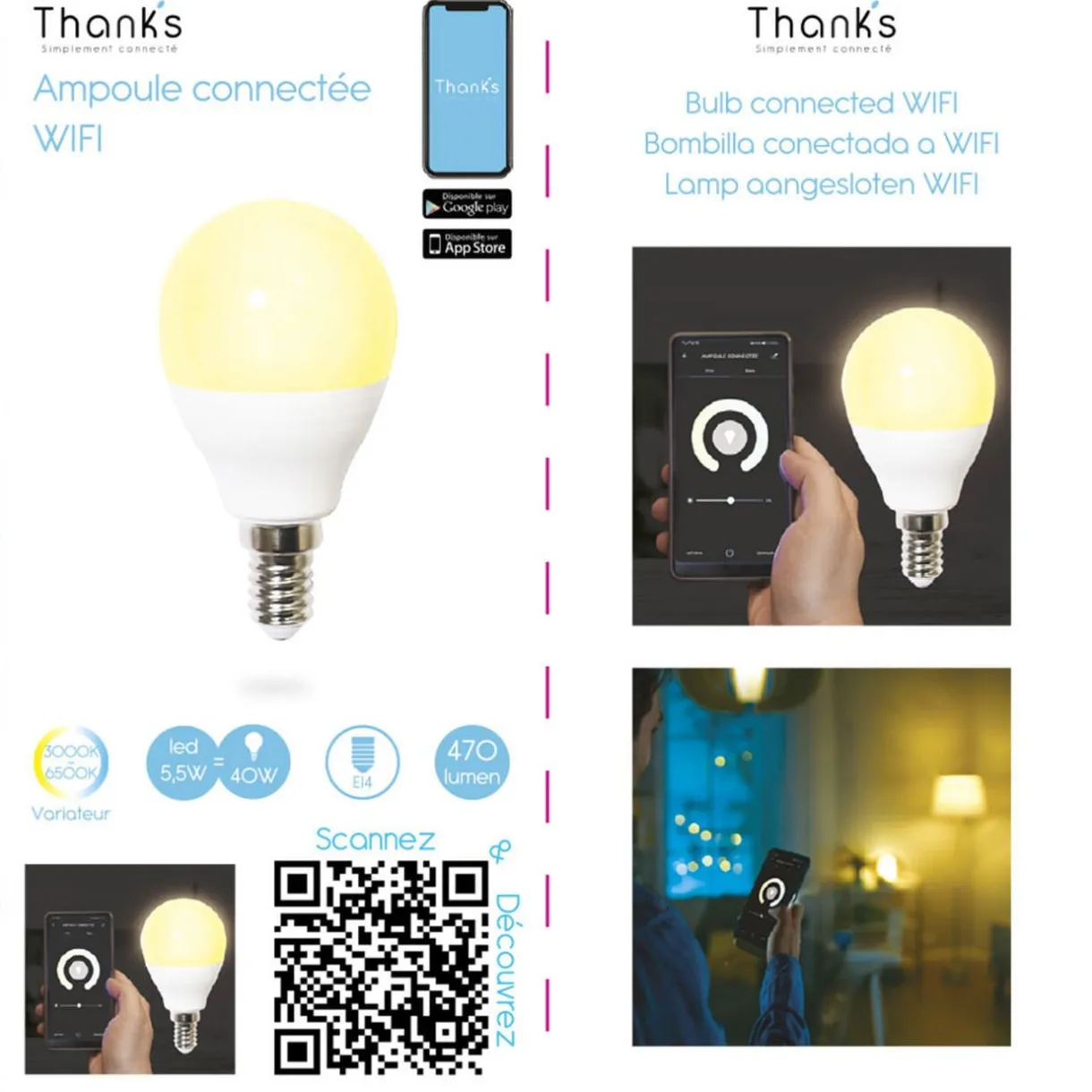 Hot Gifi Ampoule LED connectée blanc ajustable E14 40 W