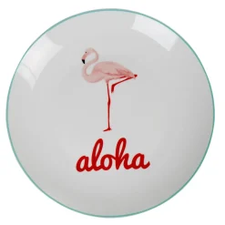 Assiette plate ronde blanche flamant rose aloha^Gifi Hot