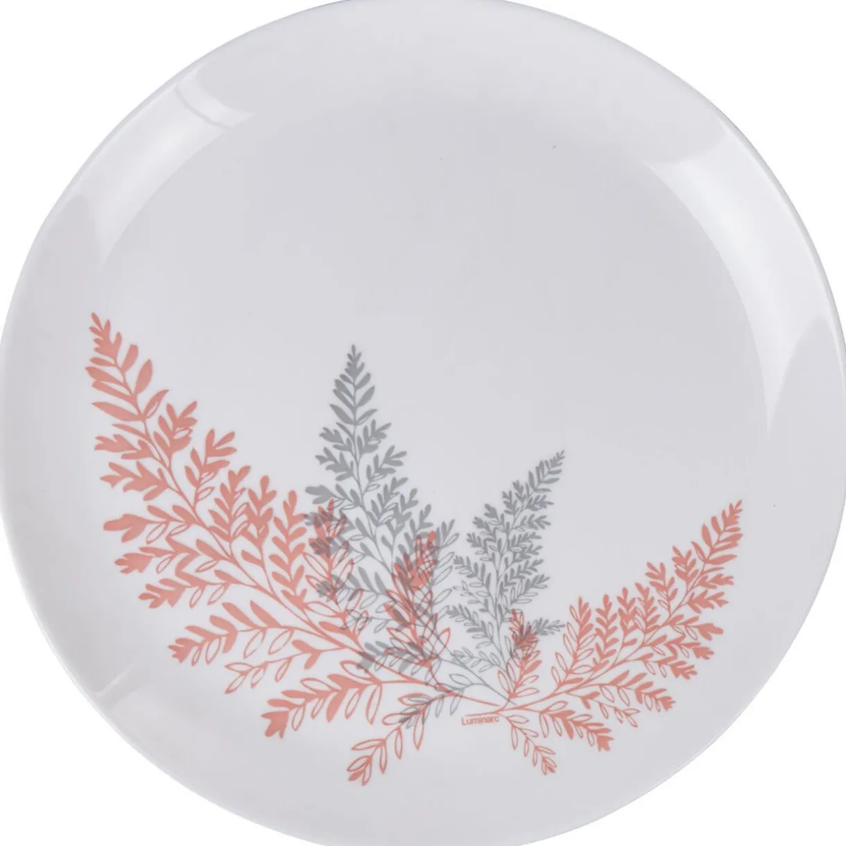 Assiette plate ronde Luminarc blanc motif feuille gris rose^Gifi