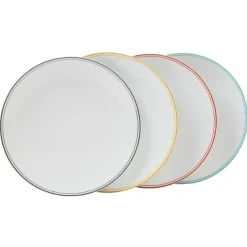 Assiette ronde plate porcelaine blanc avec bord coloré x4^Gifi Outlet