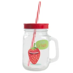Bocal à paille avec anse et couvercle Blaise La Fraise rouge et blanc^Gifi Best