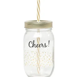 Bocal paille pois doré couvercle doré "Cheers"^Gifi Online