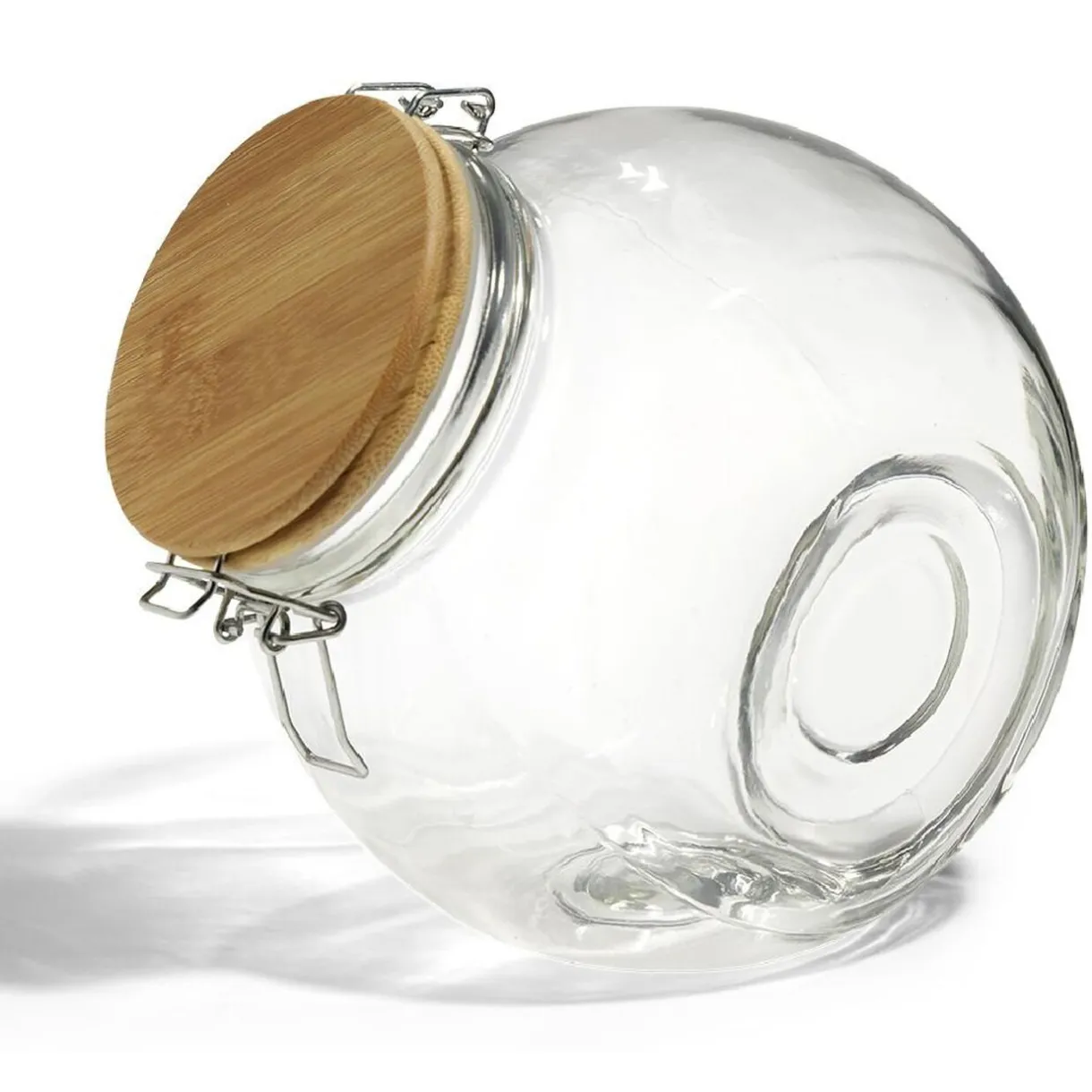 Bocal verre transparent 2,1L avec couvercle bambou et clip en fer^Gifi Online
