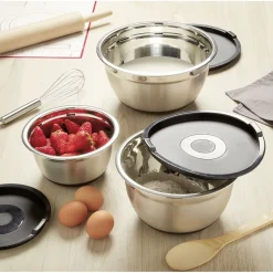 Bol à mixer inox avec couvercle et anse antidérapante silicone noir x3^Gifi Discount