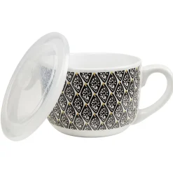 Bol jumbo blanc à motif ethnique jaune et noir couvercle transparent^Gifi Online