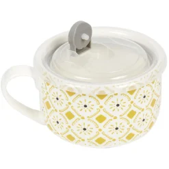 Bol jumbo soupe avec couvercle en porcelaine blanc motif jaune^Gifi Online