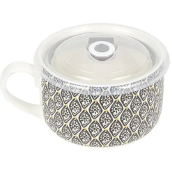 Bol jumbo soupe avec couvercle en porcelaine blanc motif noir^Gifi Sale