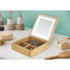 Hot Gifi Boîte à bijoux avec miroir à led en bambou