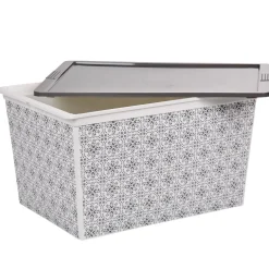 Rangement|Gifi Boîte de rangement bohème blanc gris et couvercle gris 50 L
