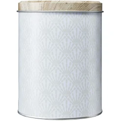 Boîte ronde en métal imprimé gris avec couvercle effet bois^Gifi Outlet