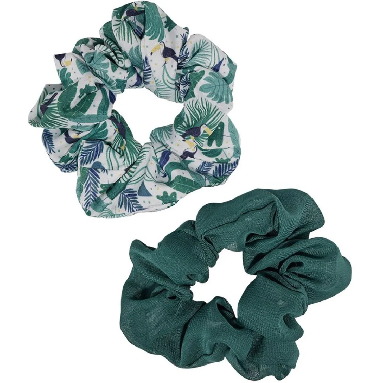 Clearance Gifi Chouchou motif feuillage toucan et uni vert Ø10cm x2