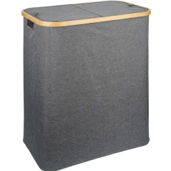 Entretien Du Linge|Gifi Coffre à linge rectangulaire 50L bambou et polyester gris