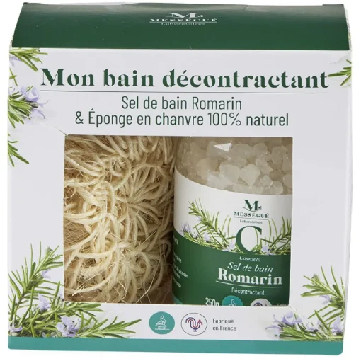 New Gifi Coffret Mességué sel de bain romarin et éponge chanvre 100% naturel
