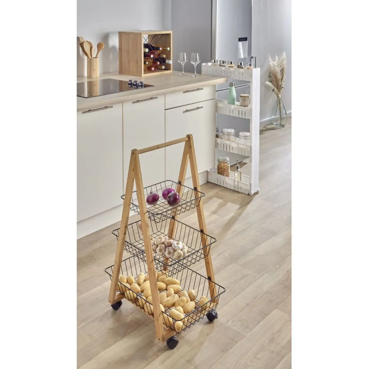 Desserte bambou panier métal 3 niveaux 54,5x36,5xH85 cm^Gifi