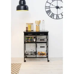 Desserte bistrot sur roulettes étagère panier tiroir bois métal noir^Gifi New