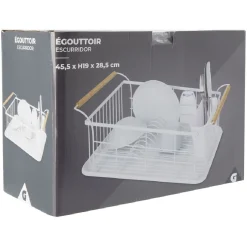 Egouttoir à vaisselle en métal blanc avec poignée en bambou^Gifi Sale