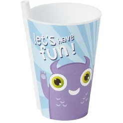 Gobelet avec paille intégrée bleu motif monstre violet Ø9xH13,5cm^Gifi Hot