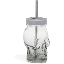 Gobelet en verre forme tête de mort avec paille et couvercle gris^Gifi Hot