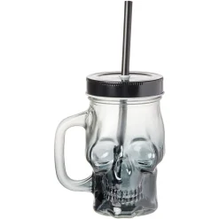 Gobelet en verre forme tête de mort avec paille et couvercle^Gifi Outlet