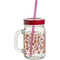 Gobelet en verre imprimé avec poignée paille et couvercle 480ml^Gifi New