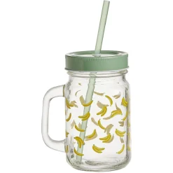 Gobelet en verre imprimé avec poignée paille et couvercle 480ml^Gifi New