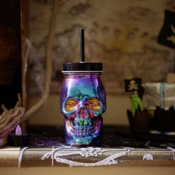 Gobelet verre forme tête de mort couvercle et paille 500 ml^Gifi Online