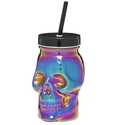 Gobelet verre forme tête de mort couvercle et paille 500 ml^Gifi Online