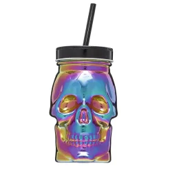Gobelet verre forme tête de mort couvercle et paille 500 ml^Gifi Online