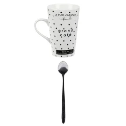 Mug porcelaine avec cuillère inox motif pois noir blanc 45 cl^Gifi Hot