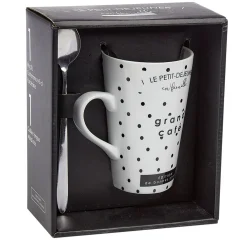 Mug porcelaine avec cuillère inox motif pois noir blanc 45 cl^Gifi Hot