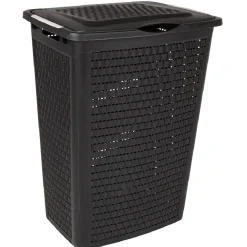Entretien Du Linge|Gifi Panier à linge avec poignées et couvercle design rotin noir 50 L