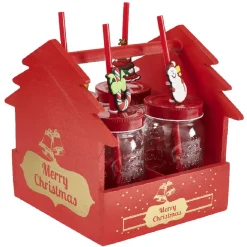 Panier rouge Merry Christmas avec gobelets Noël pailles x4^Gifi Sale