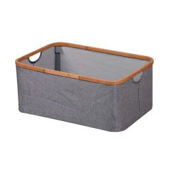 Entretien Du Linge|Gifi Panière à linge rectangulaire tissu gris et rebord bambou 45 L