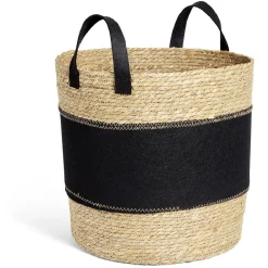 Entretien Du Linge|Gifi Panière à linge ronde 52L Ø37xH38cm jonc de mer et feutrine noir