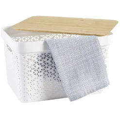 Rangement|Gifi Panière de rangement blanche avec couvercle en bambou grand modèle