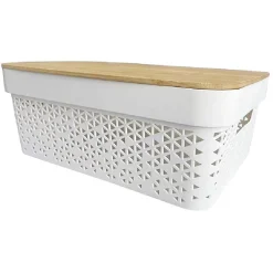 Rangement|Gifi Panière de rangement blanche avec couvercle en bambou petit modèle