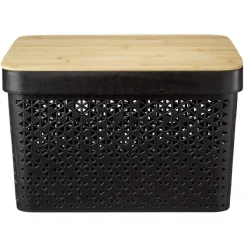 Rangement|Gifi Panière noire avec couvercle bambou naturel H21,5 cm