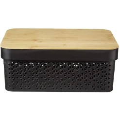 Rangement|Gifi Panière noire avec couvercle bambou naturel H13,5 cm