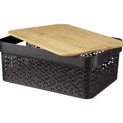 Rangement|Gifi Panière noire avec couvercle bambou naturel H12 cm