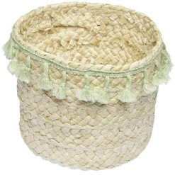 Rangement|Gifi Panière ronde en jonc naturel avec pompons vert Ø19 cm