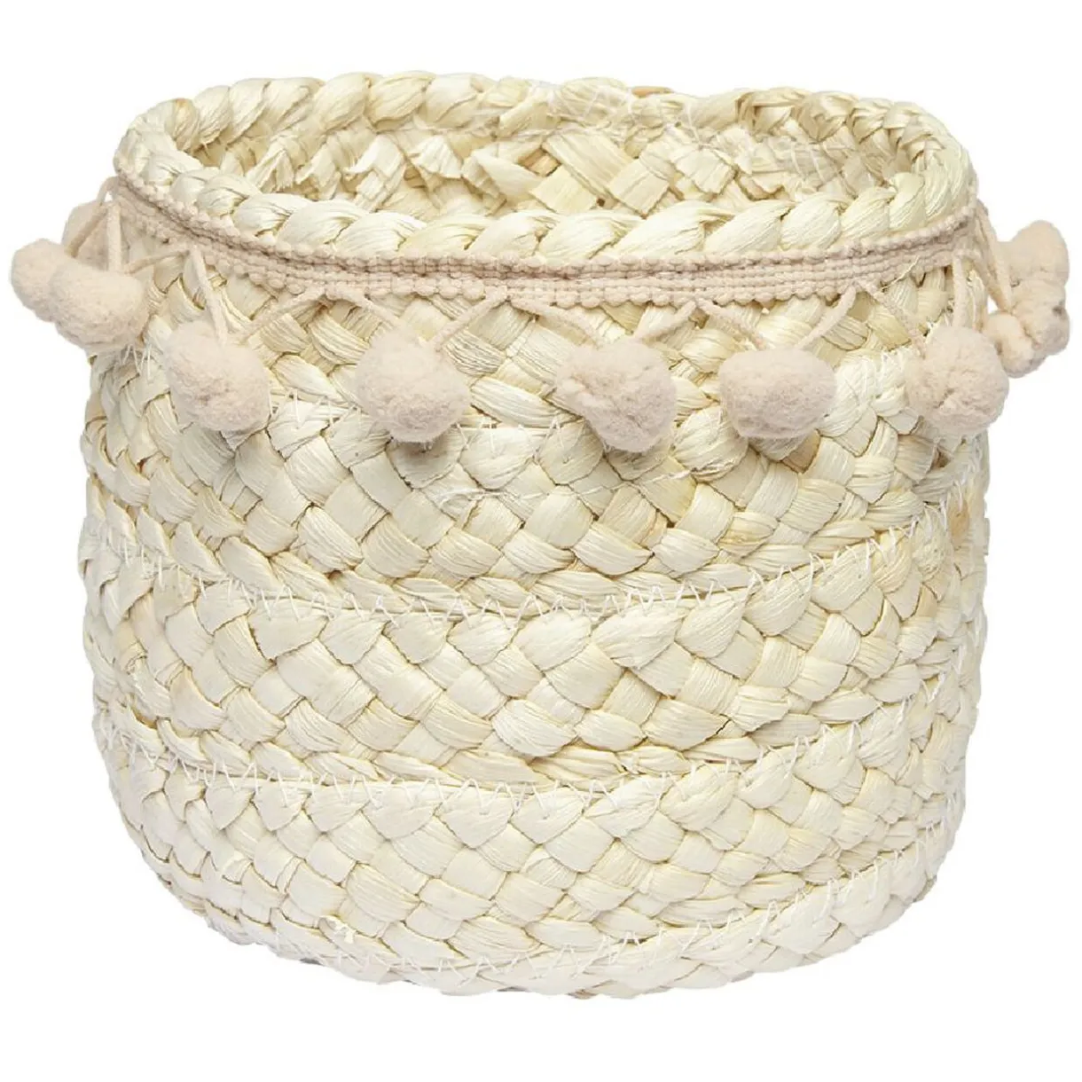 Rangement|Gifi Panière ronde en jonc naturel avec pompons rose Ø16 cm