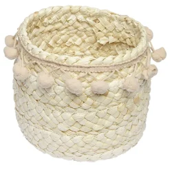 Rangement|Gifi Panière ronde en jonc naturel avec pompons rose Ø16 cm