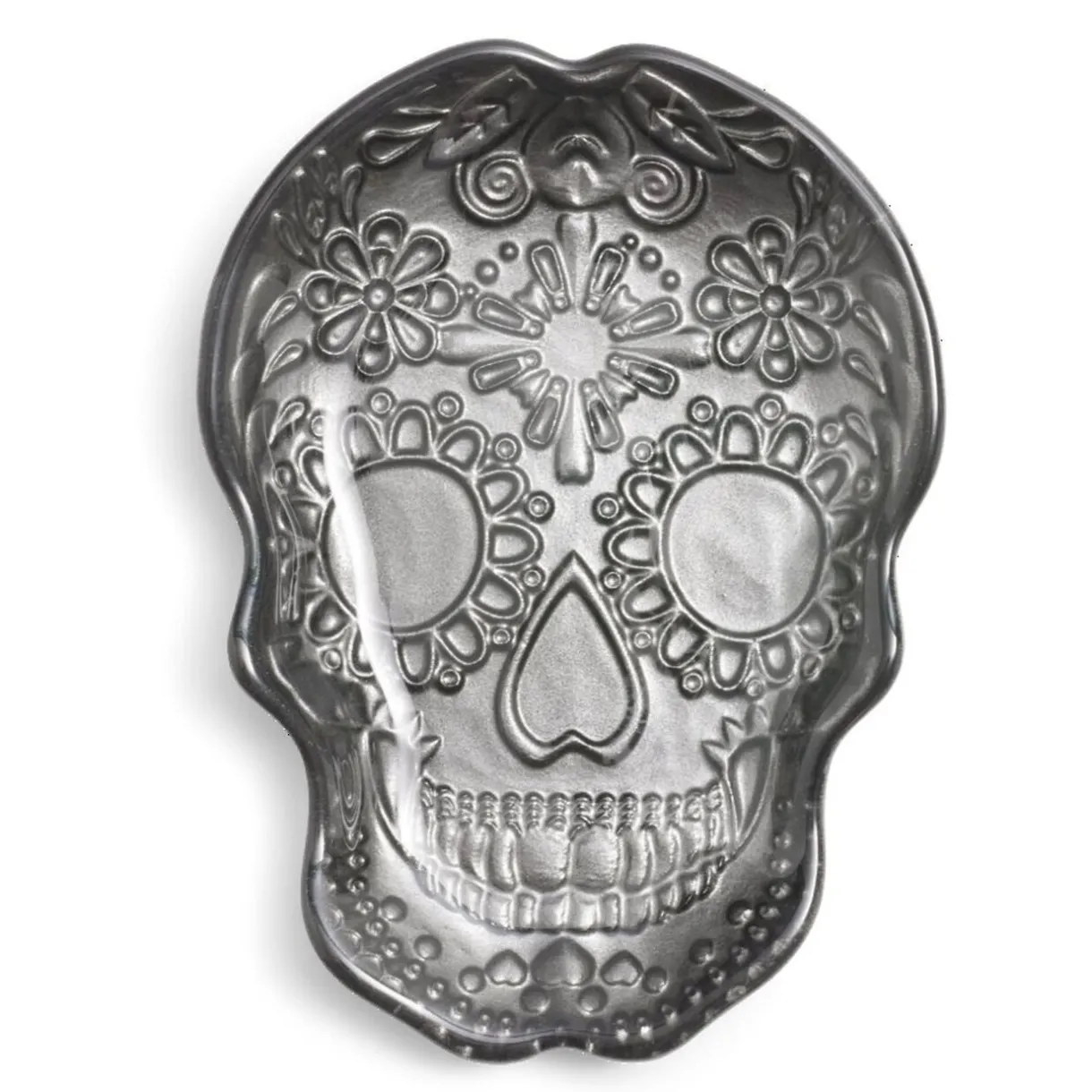 Plat Halloween tête de mort mexicaine en verre noir 15x11xH2cm^Gifi New