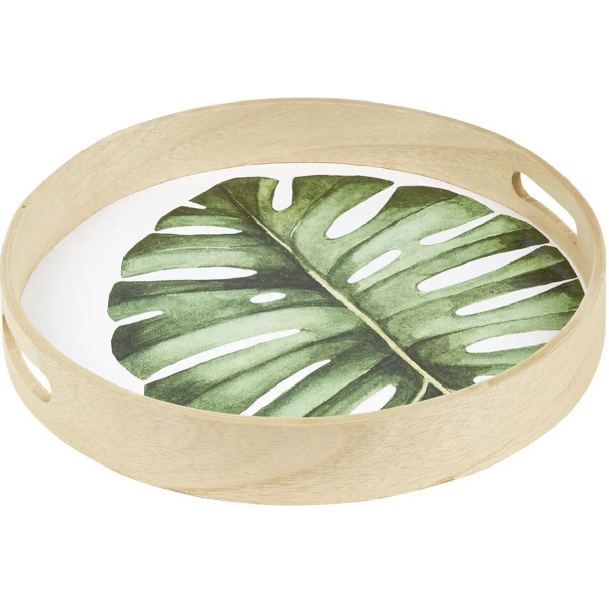 Plateau de service rond en bois motif feuille^Gifi Sale