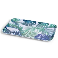 Plateau rectangulaire mélaminé feuillage exotique blanc et bleu 19x30cm^Gifi Discount