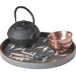 Plateau rond inspiration orientale en métal et bois rouge ou gris^Gifi Discount