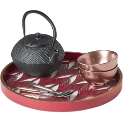Plateau rond inspiration orientale en métal et bois rouge ou gris^Gifi Discount