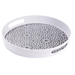 Plateau rond mélaminé motif géométrique blanc et bleu Ø34,5xH5cm^Gifi Discount