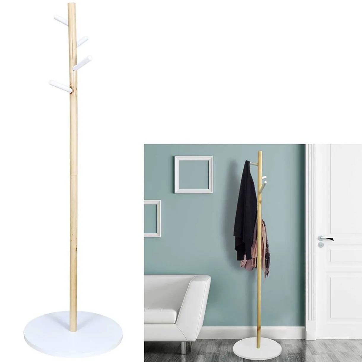 Rangement|Gifi Porte manteau Fiona 4 têtes naturel et blanc Ø40xH130cm